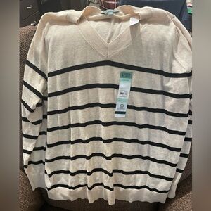 Terra & Sky V-Neck Sweater - Cream and Black Stripes
